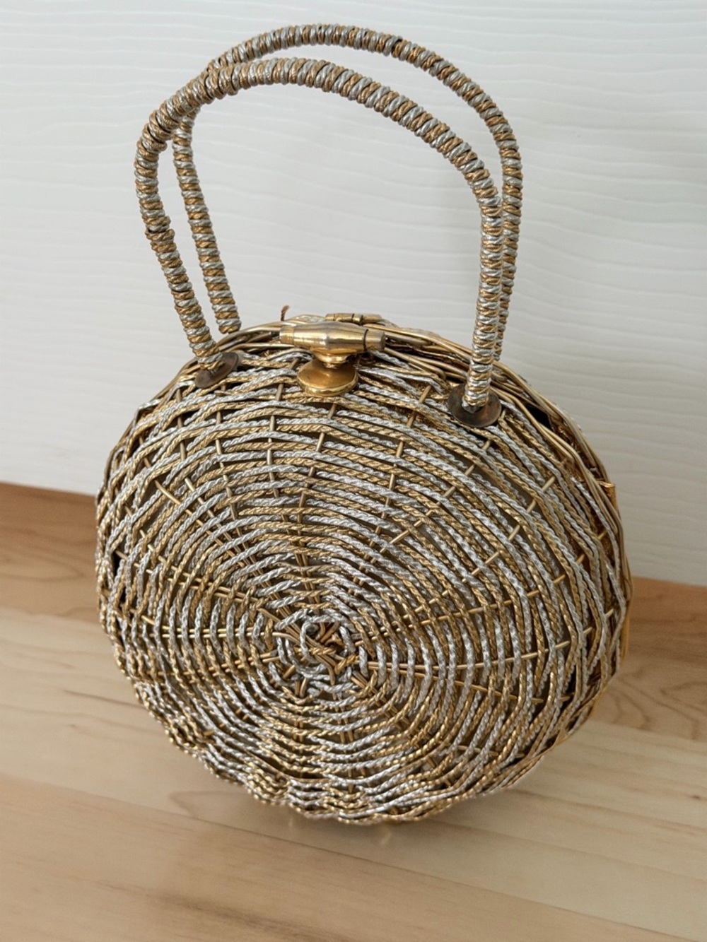 Rare Vintage Round Woven Mini Bag in Gold and Silver